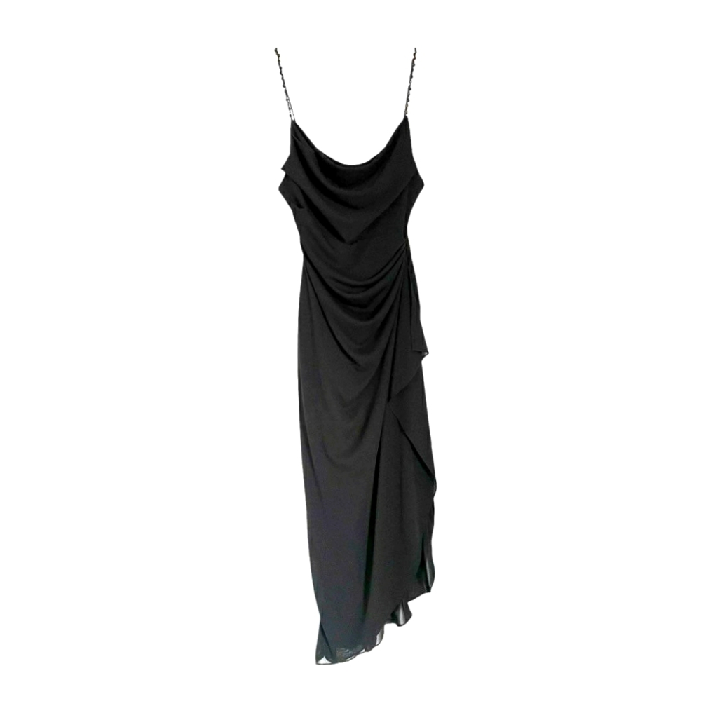 Kay Unger New York black formal asymetric midi dress drapped neckline sz 4 NWOT